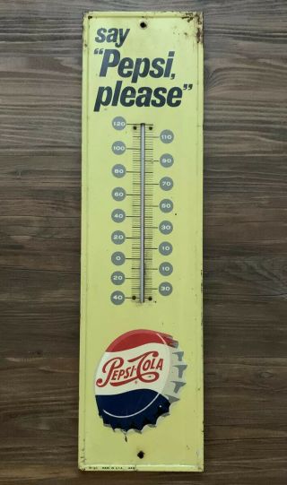 Vintage Pepsi Advertising Thermometer Early Sign Old Embossed Usa 1965 Cola Soda
