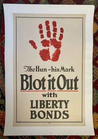 Wwi " The Hun - His Mark - Blot It Out " 2nd Liberty Bond Poster 1917 Linen Backed