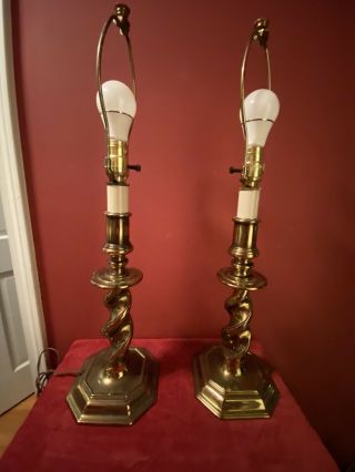 Vintage Stiffel Barley Twist Brass Candlestick Lamps w/ Royal Designs Inc Shades 2