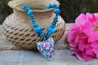 Alebrije Heart And Turquoise Seed Necklace Handmade Oaxaca Mexican Folk Art