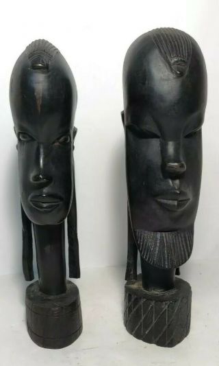 2 Vintage African Tribal Carved Ebony Wood Masai Warrior Figure Head Statues