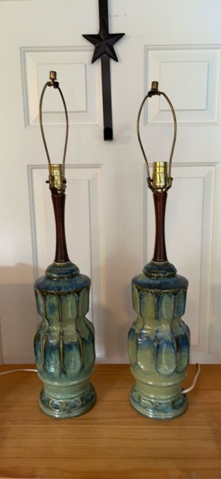 Mcm Pair Vintage Mid Century Glazed Lamps Avocado Green And Denim Blue