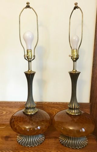 2 Vintage Retro Mid Century Mcm Orange Honeycomb Pattern Glass 3 Way Table Lamp