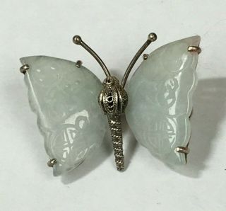 Vintage Sterling Silver And Carved Jade Butterfly Brooch Pin Signed Bj