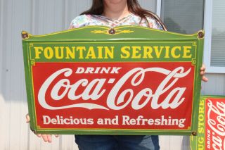 Large Coca Cola Fountain Service Soda Pop Gas Oil 27 " Porcelain Metal Sign