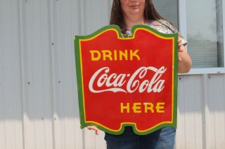 Drink Coca Cola Here Soda Pop Gas Oil 2 Sided 20 " Porcelain Metal Flange Sign