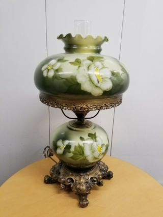 Vintage Hurricane Lamp Green With Flowers Large 21 " Tall Gwtw