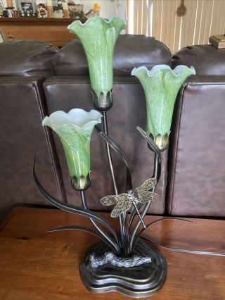 Dale Tiffany Green Tulip Lily Dragonfly Table Lamp 3 Light Bronze 21” Green