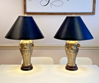 Rare Pair Vtg Chapman Sculptural Bronze Elephant Table Lamps W/ Shades