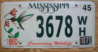 Single Mississippi License Plate - 2007 - 3678 - Conserving Wildlife Hummingbird