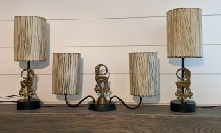 Set Of 3 Majestic Style Mcm Antelope Black/brass Lamps W/fiberglass Shades