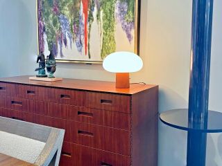 Laurel Vtg Mid Century Modern Wood Tulip Mushroom Table Desk Lamp Light Curry 4