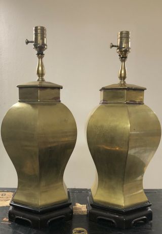 Vintage Pair Wildwood Asian Chinoserie Brass Hexagonal Ginger Jar Table Lamps