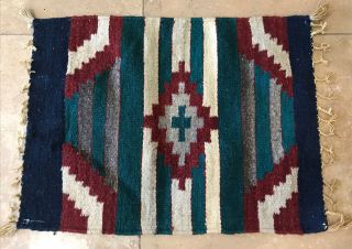 Vintage Hand Woven Wool Rug Southwest Design W/ Fringe 20” X 15”
