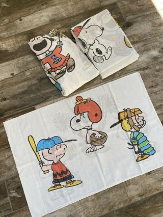 Vtg United Feature Peanuts Charlie Brown Snoopy Twin Sheet Set 1966 Sports