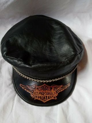 Vintage Harley Davidson Captains Leather Hat Logo & Chain Size Large Made In Usa