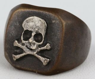 Memento Mori Ww2 Bronze Ring Sterling Silver Skull & Bones Ww1 Wwi Or W