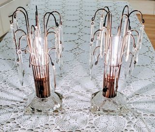 Hollywood Regency Art Deco End Table Lamps Waterfall Crystal Prisms (defect)