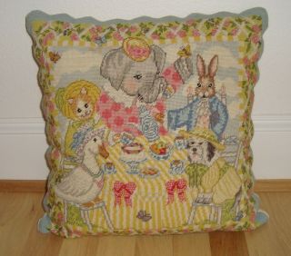 Vintage Hand Made Petit Point Needlepoint 16 " Pillow Animal Tea Party Girl Baby