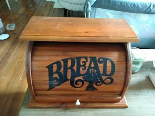 Vintage Wood Roll Top Bread Box Black Lettering Great Shape