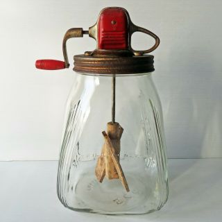 Vintage Glass Jar Butter Churn W/ Metal Crank & Wood Paddle