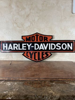 Die - Cut Vintage " Harley - Davidson " Gas & Oil Dealer Porcelain Sign 29x11 Inch