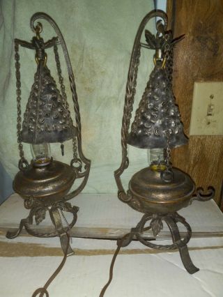 2 Vintage Wrought Iron Spanish Gothic Table Lamps