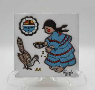 Vintage 91 Cleo Teissedre Tile Coaster Southwestern Native American Bird Sun 4 "