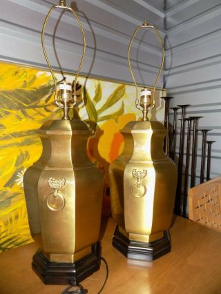 Pair Vintage Wildwood Asian Brass Ginger Jar Urn Table Lamps Mcm Octogon