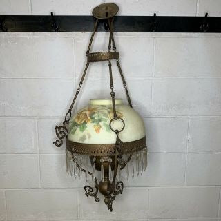 Victorian Glass Lamp Reverse Painted Roses Shade Hanging Oil Lamp W/ Prisms