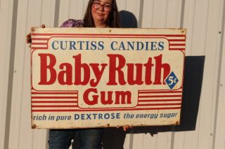 Large Vintage Baby Ruth Chewing Gum Curtiss Candies Gas Oil 36 " Metal Sign
