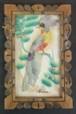 9 " X 5 " Vintage Mexican Feathercraft Bird Picture Folk Art,  Handmade - Framed