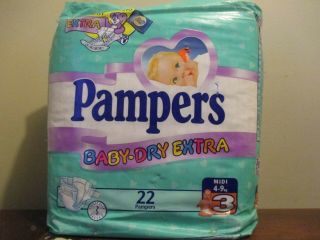 Vintage,  Pampers Baby - Dry Extra Diapers,  Size 3 Plastic 22 Count