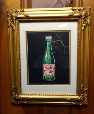 Vintage Collectible Green Cheer Up Soda Advertising Double Sided Fan Pull Framed