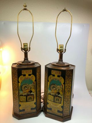 2 Vintage Mcm Frederick Cooper Chinese Chinoiserie Tea Tin Lamp Mid Century