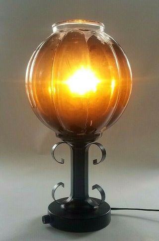 Mid Century Gothic Spanish Revival Table Lamp Iron & Amber Glass Globe 15 "
