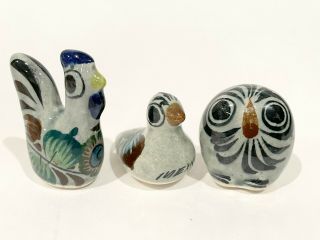 Vintage Tonala Miniature Chicken Owl Dove Mexican Pottery Set Of 3 Birds