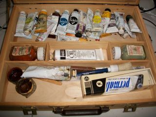 Vintage Wood Artist Travel Case Box With Oil Paints/brushes/ paint board 2