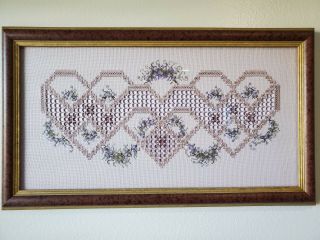 Vintage Framed Completed Floral Heart Cross Stitch Needlework Embroidery Beads