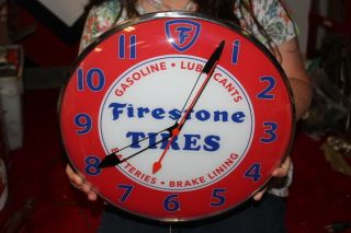 Firestone Tires Batteries Gasoline Gas Station 15 " Lighted Metal Pam Clock Sign