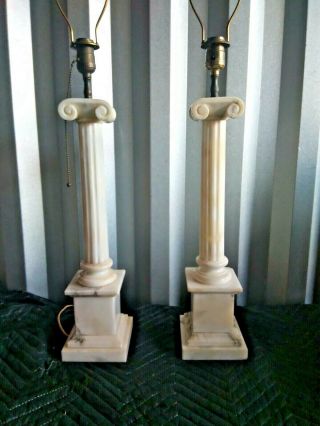 Vtg pair Italian Alabaster Lamps Corinthian Pillars Columns Neo - Classical 3