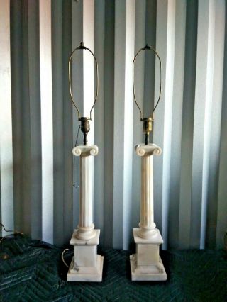 Vtg pair Italian Alabaster Lamps Corinthian Pillars Columns Neo - Classical 5