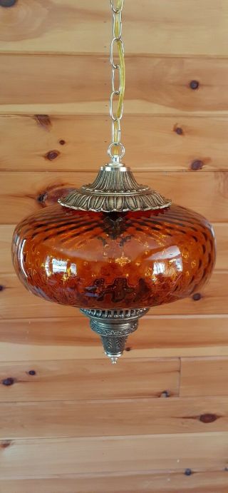Vtg Mcm Retro Hanging Mini Swag Light/lamp Amber Rootbeer Glass Coinspot Design