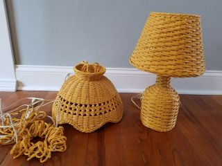 Vintage 1960s Yellow Wicker Table Lamp And Hanging Lamp Set - Shabby Chic