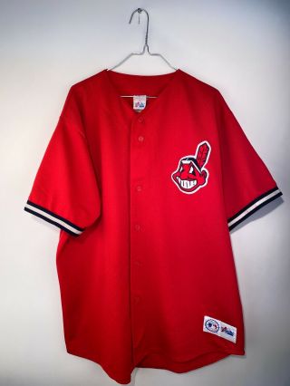 Vintage Cleveland Indians Majestic Baseball Jersey Chief Wahoo Red Men 