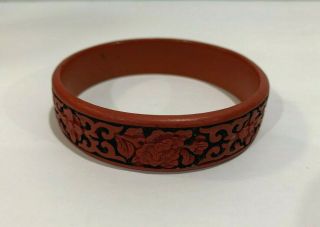 Vintage Chinese Red & Black Carved Cinnabar Floral Motif 7 3/4 " Bangle Bracelet