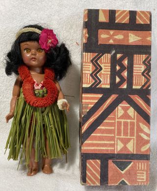 Hawaiian Girl Doll Hula Dancer Tiki Grass Skirt 8” Vintage In Orig Box