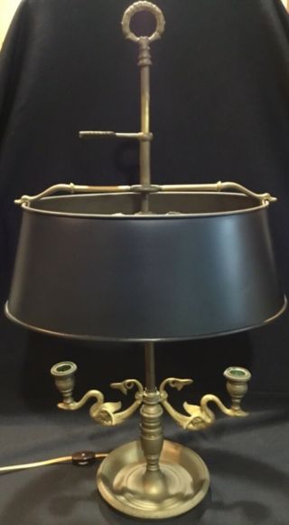 French Empire Style Brass Swans Bouillotte Lamp Adjustable Tole Metal Shade