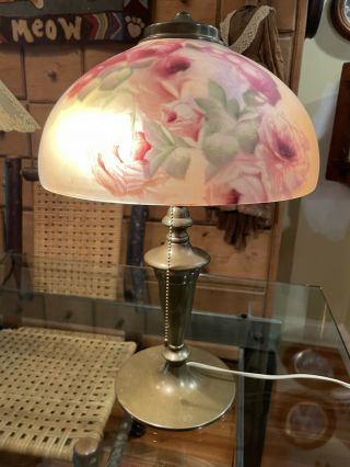 Pittsburgh Lamp & Brass Co.  Lamp W/ Reverse Painted Glass Shade Roses