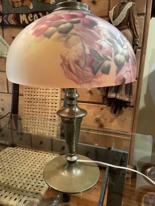 Pittsburgh Lamp & Brass Co.  Lamp w/ Reverse Painted Glass Shade Roses 6